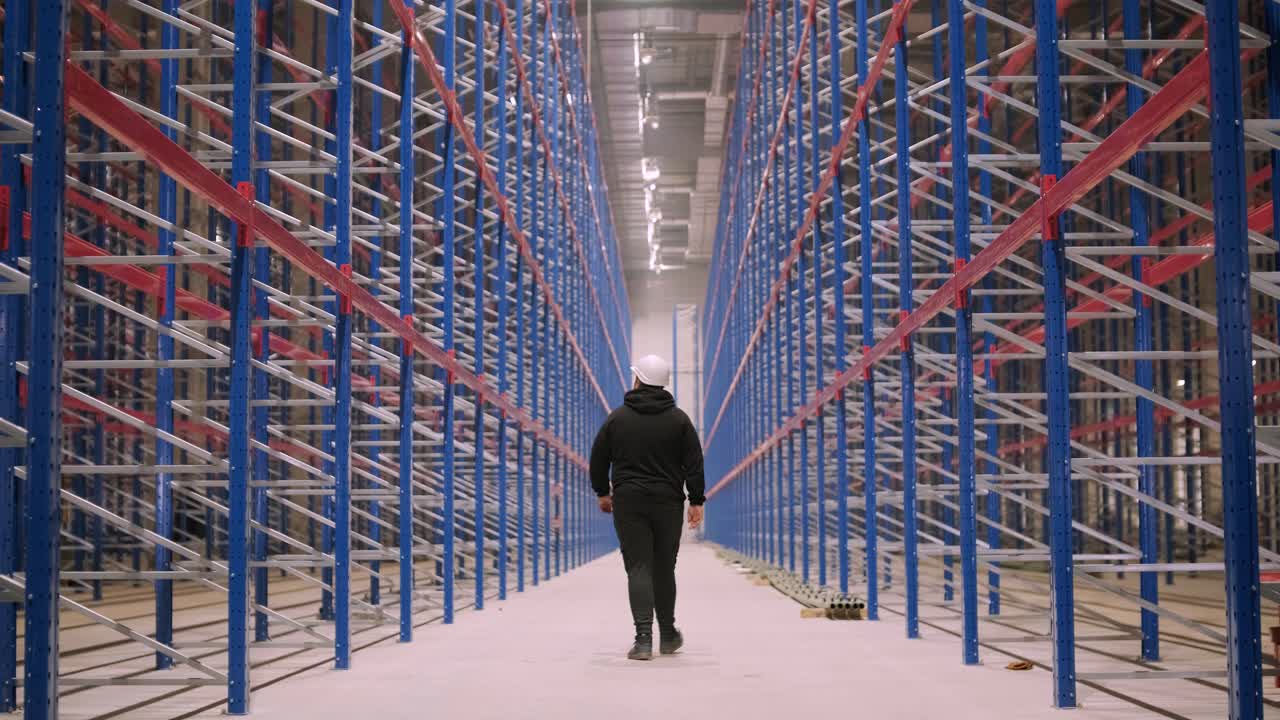 gran y moderno almacén en construcción, con estanterías metálicas y otros equipos industriales.