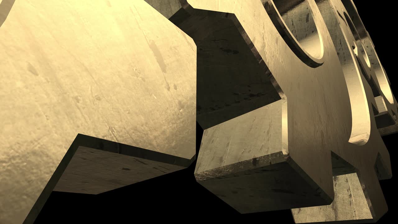 Sides of the gold gear rotate. Black background. Close up. Alpha channel
