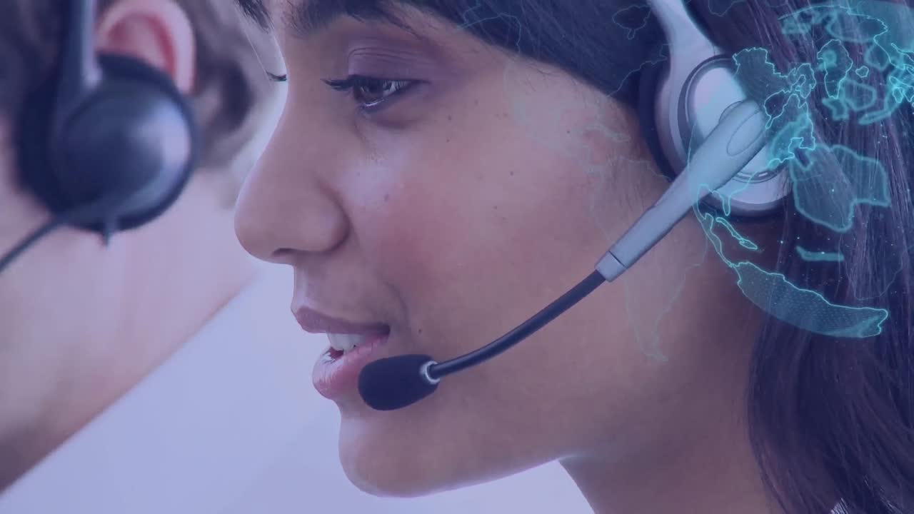 Animation of globe over businesswoman phone headset