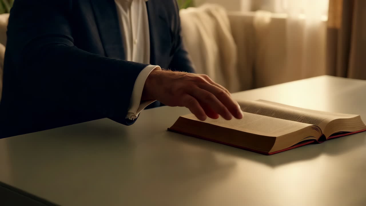 Person reaching for an open book on a table