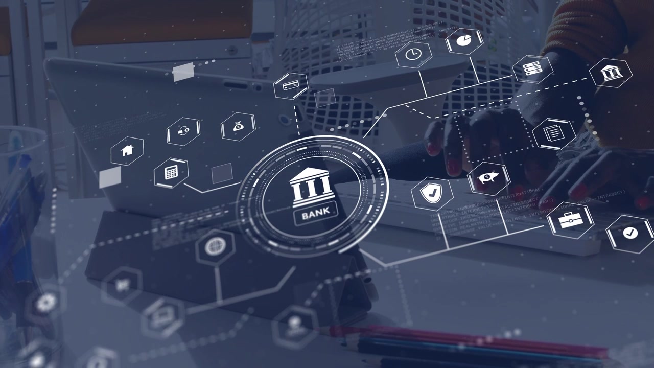 Bank icon appearing on tablet, woman typing on keyboard, network forming hex icons for finance