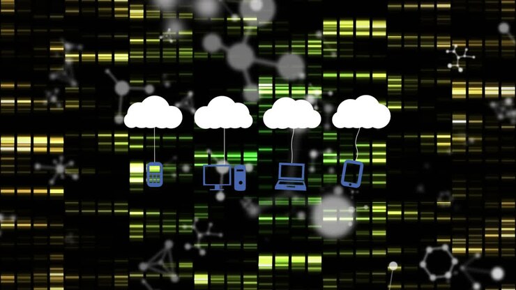Animation of clouds with icons over moving columns and molecules