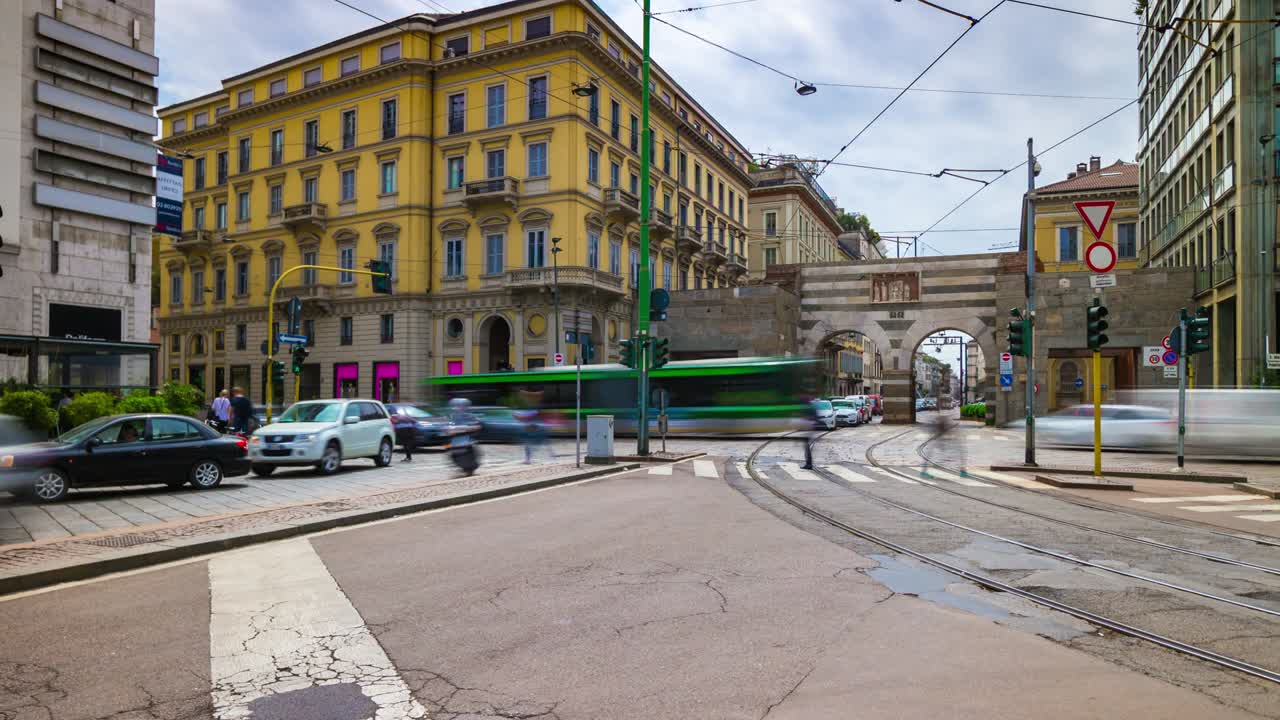 이탈리아 밀라노 시, 은 날, 교통, 거리, 교차로, 파노라마, 4k 타임스