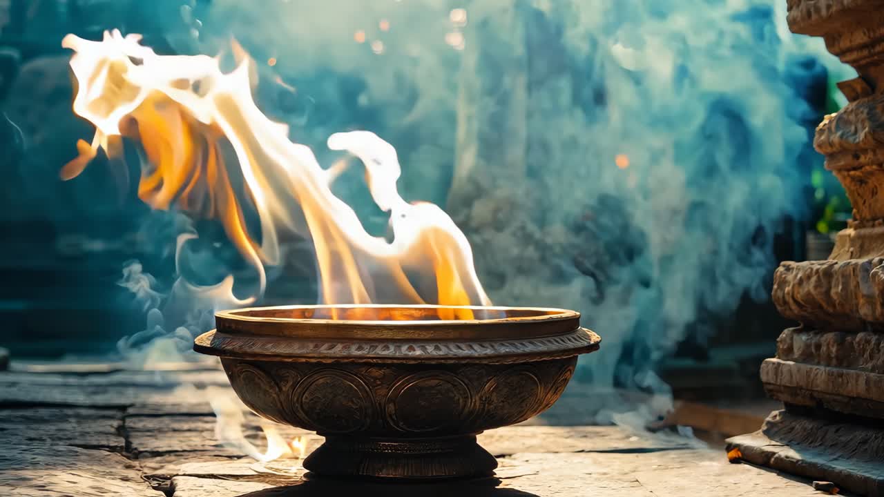 un fuego ardiendo en un cuenco en un piso de piedra