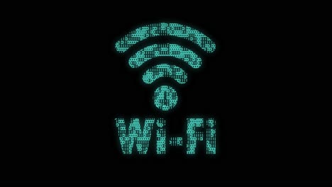 Klassisches-Animiertes-WLAN-Symbol-Mit-Animierter-Binärcode-Textur-In-Blaugrünem-Farbschema-Auf-Schwarzem-Hintergrund