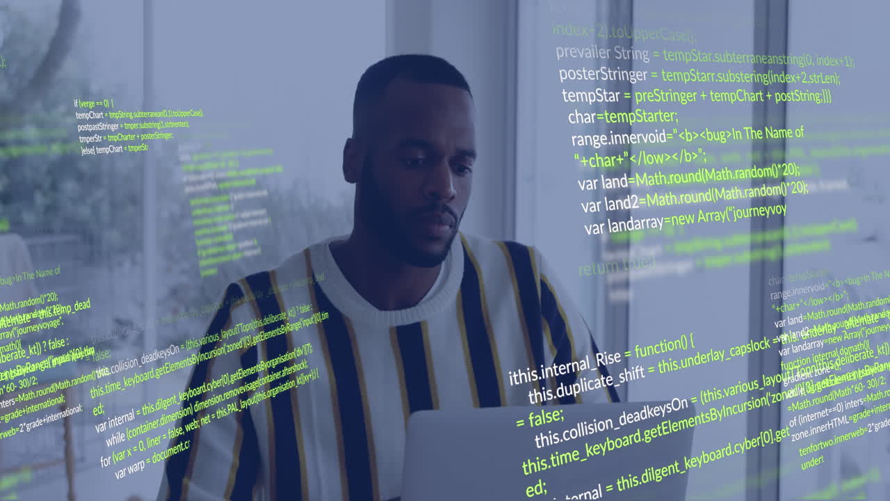 Animation of data processing over african american businessman in office