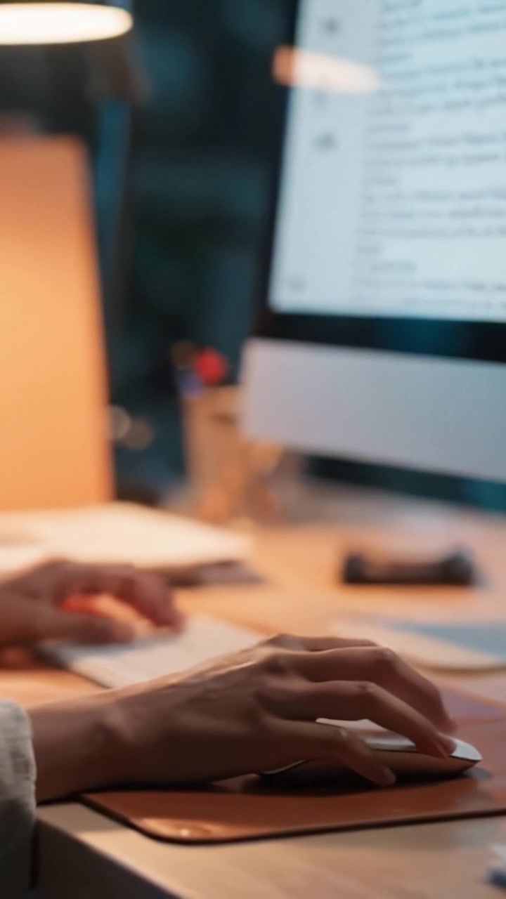 Fokuserede hænder på en moderne computermus og tastatur i et hyggeligt arbejdsområde med varm belysning og en computerskærm, der viser digitalt indhold.