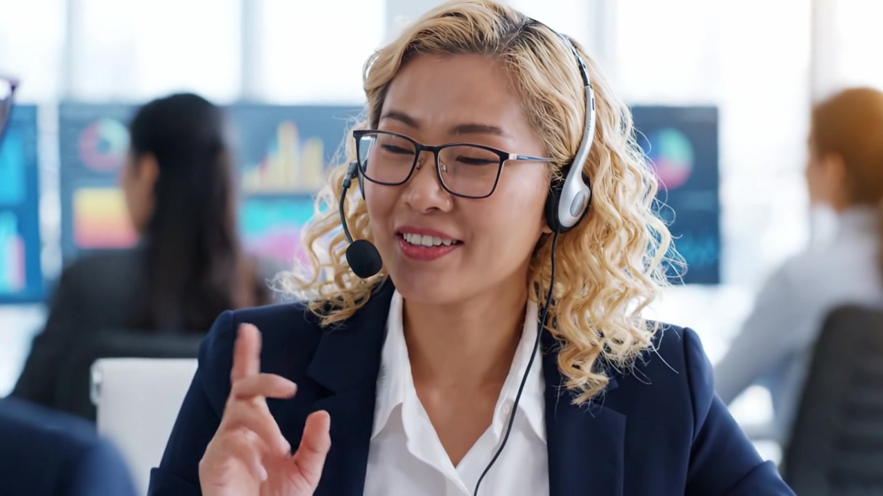 Engaging Customer Service Representative with Headset Providing Support in a Modern Office Environment, Showcasing Professionalism and Communication Skills