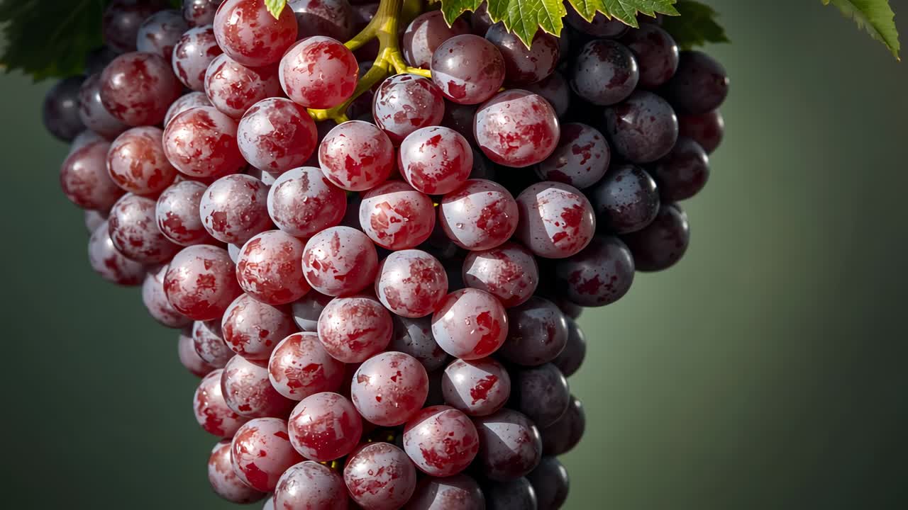 Plump reddish-purple grapes hanging from short vine against green backdrop, leaf peeking overhead