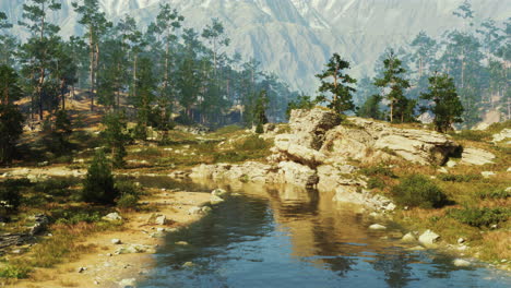 mountain scene painting with foreground stream