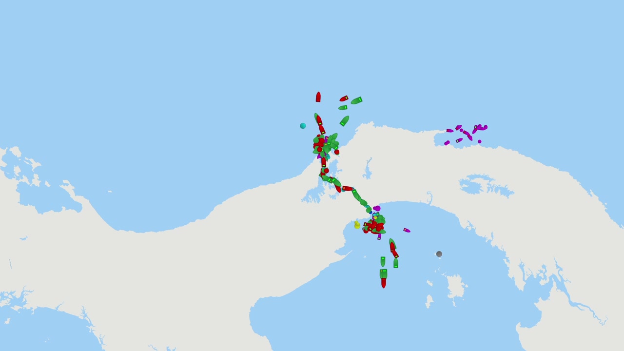 Tráfico de buques Canal de Panamá. Mapa digital de datos de seguimiento de buques y tráfico marítimo en el Canal de Panamá, rutas comerciales globales, logística de buques petroleros, distribución de energía, geopolítica