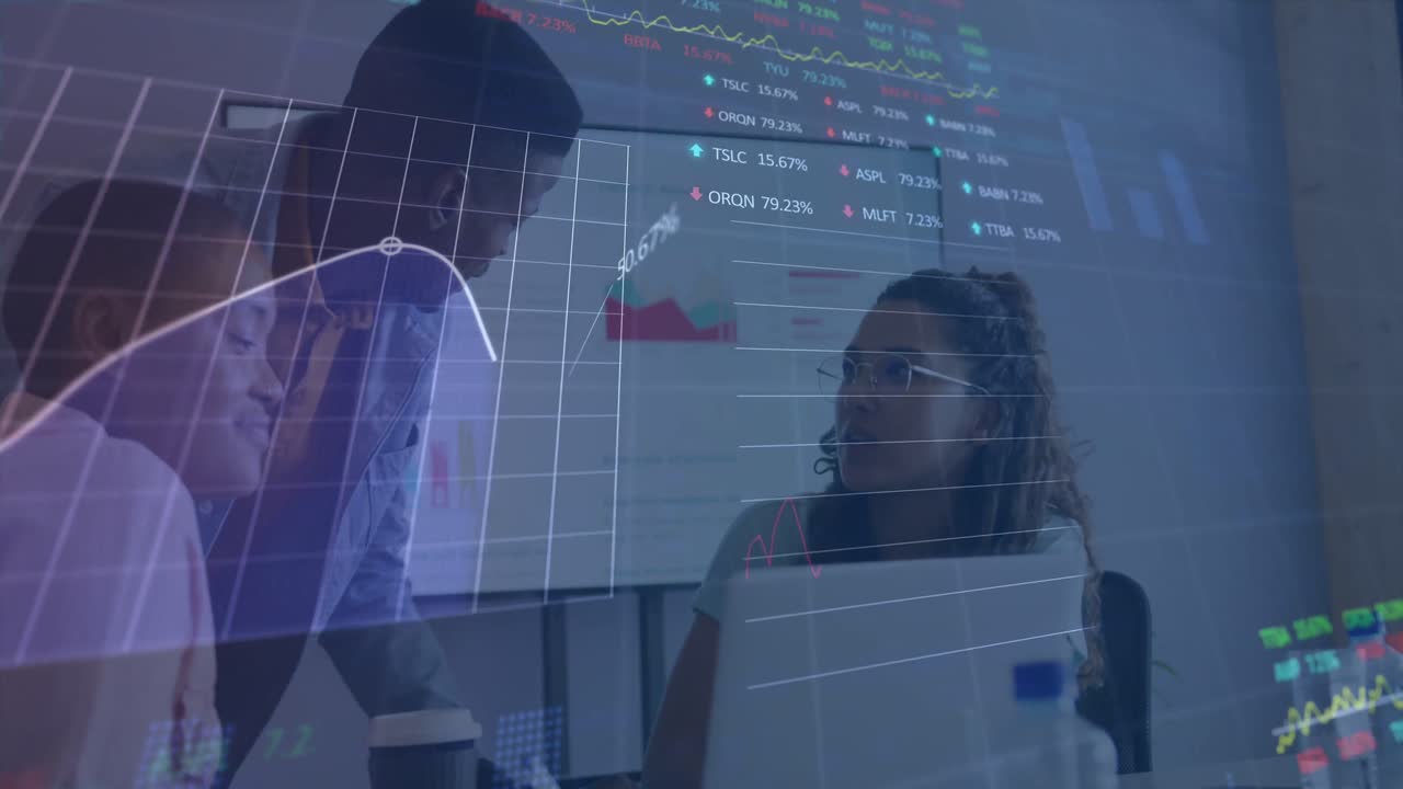 Animation of statistical, stock market data processing over diverse colleagues discussing at office