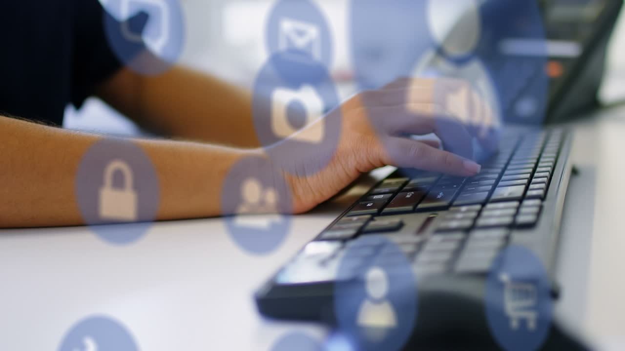 Animation of technology icons over caucasian woman typing on keyboard