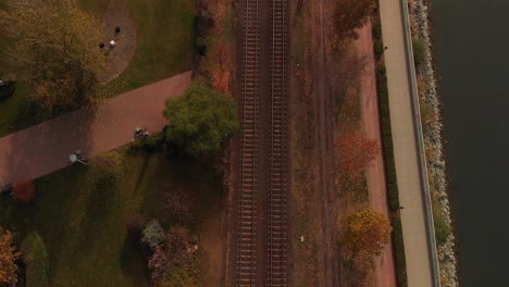 an autumn aerial birdview shot of a railway in budapest, hungary