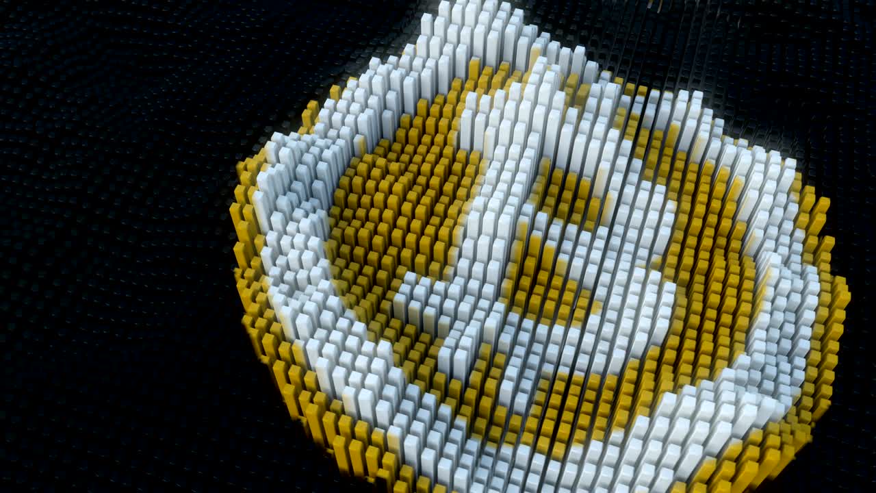 Bitcoin symbol being assembled from mined data blocks.
