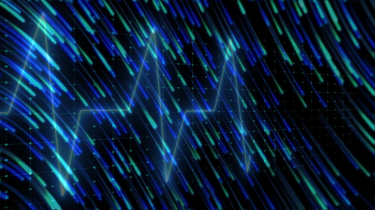 Blue and green digital heartbeat animation over dynamic glowing lines background