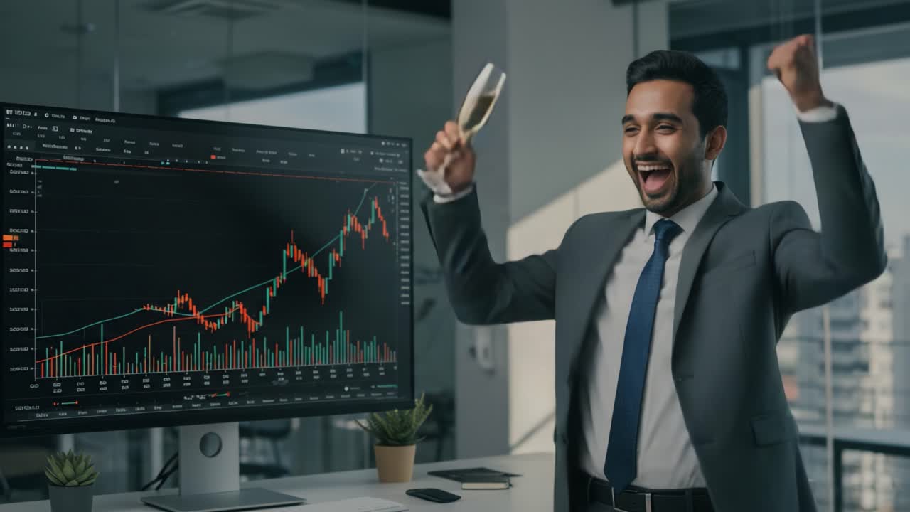 Successful Trader Celebrates Financial Victory with Champagne in Modern Office Setting Surrounded by Stock Market Graphs and Positive Trends