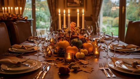 elegant autumnal table setting with candles, pumpkins, and seasonal décor perfect for thanksgiving gatherings and festive celebrations