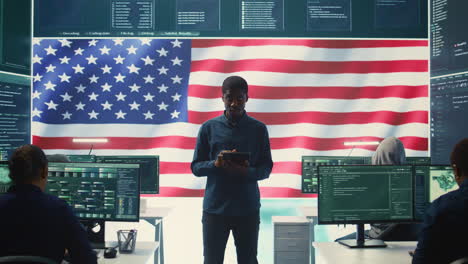 cybersecurity expert working in a governmental hacking room