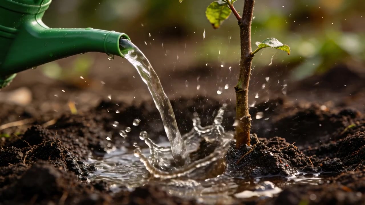 Beccuccio di un annaffiatoio verde che si inclina versando un flusso costante nel terreno del giardino, nutrendo una piccola piantina.