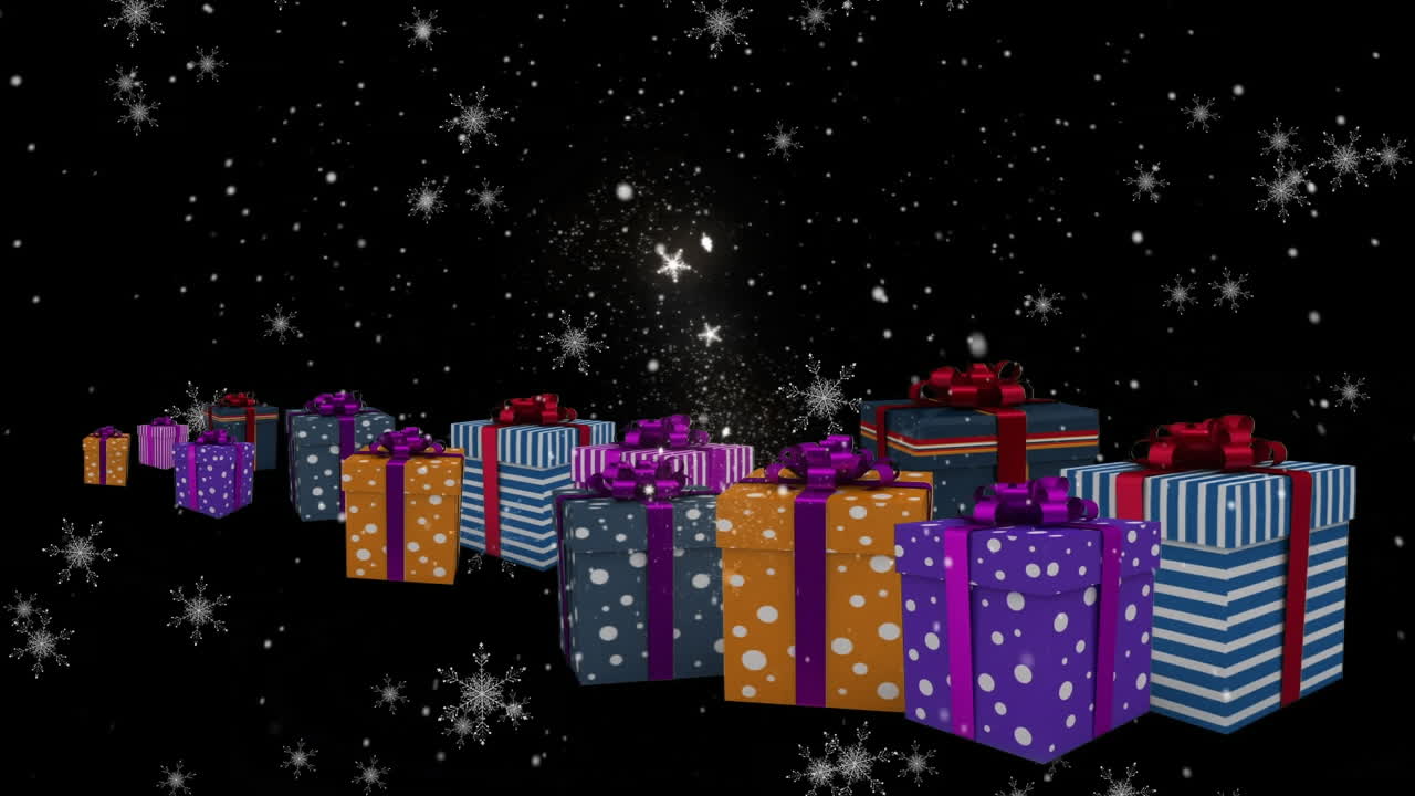 animación de nieve cayendo sobre regalos de navidad en fondo negro