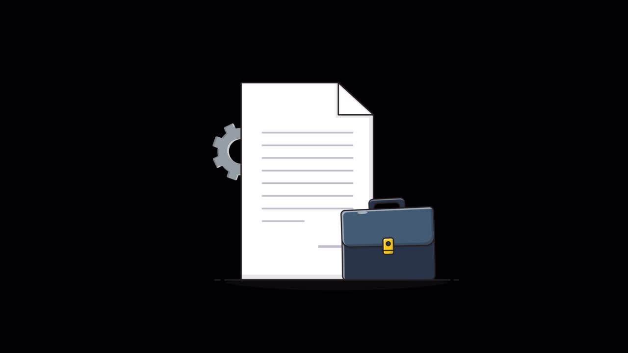 Animated Illustration of Business Document, Briefcase, and Gear with Checkmark