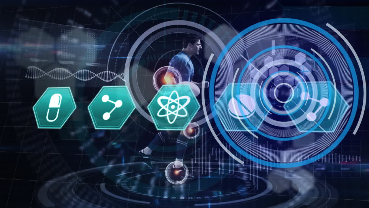 animazione dell'elaborazione dei dati su un giocatore di rugby maschio caucasico che corre con la palla