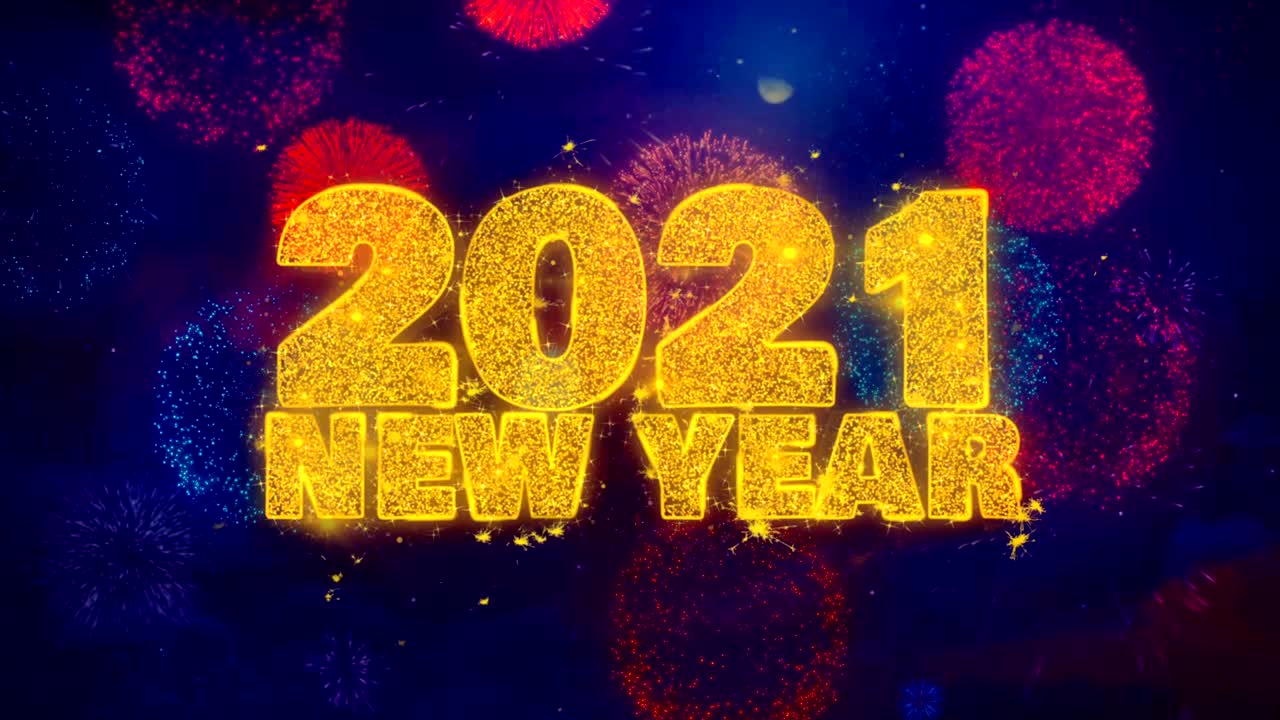 2021 Neujahrswunsch-Text auf bunten Feuerwerkspartikeln