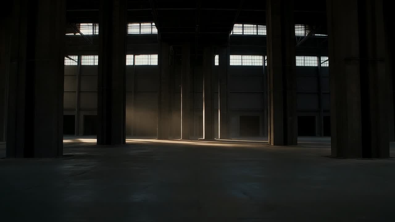 Pouring sunlight widening from narrow door gap sweeping across hall floor, highlighting columns