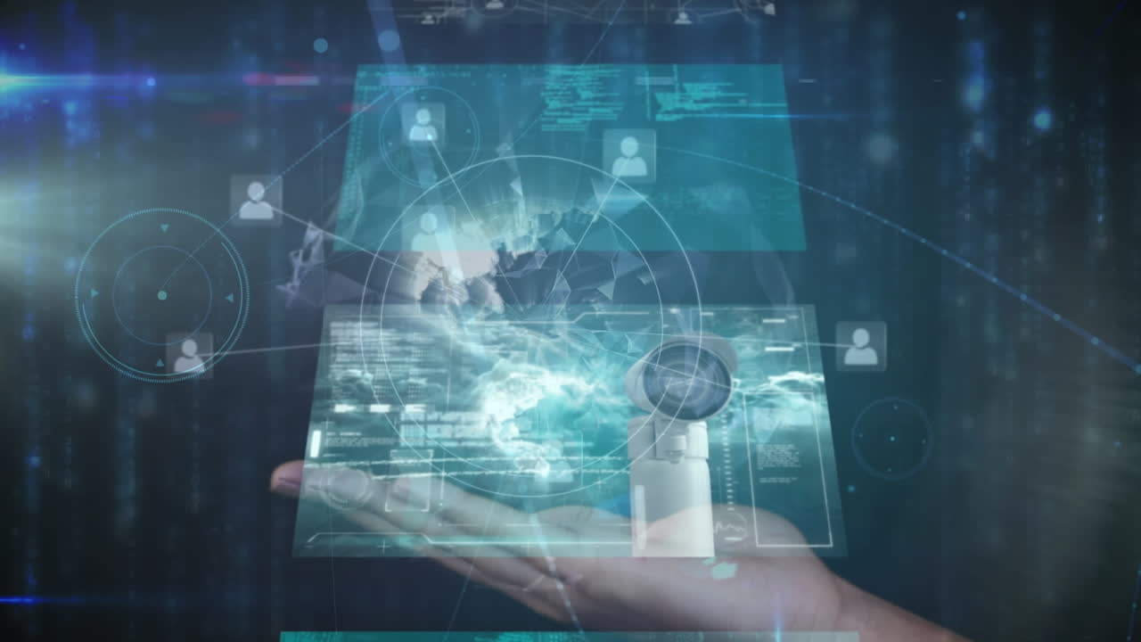 animación de la red de conexiones sobre el procesamiento de datos en pantallas y mano