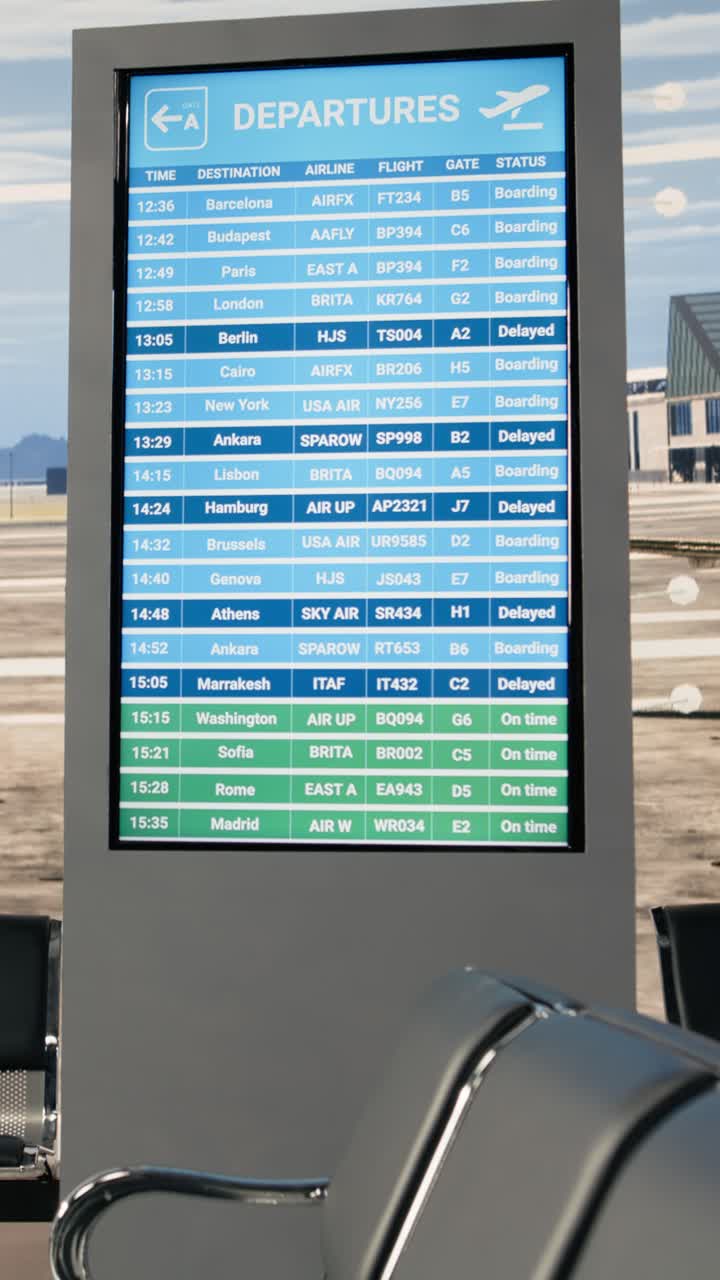 Tablero dinámico de salidas de aeropuerto mostrando actualizaciones del estado de los vuelos.