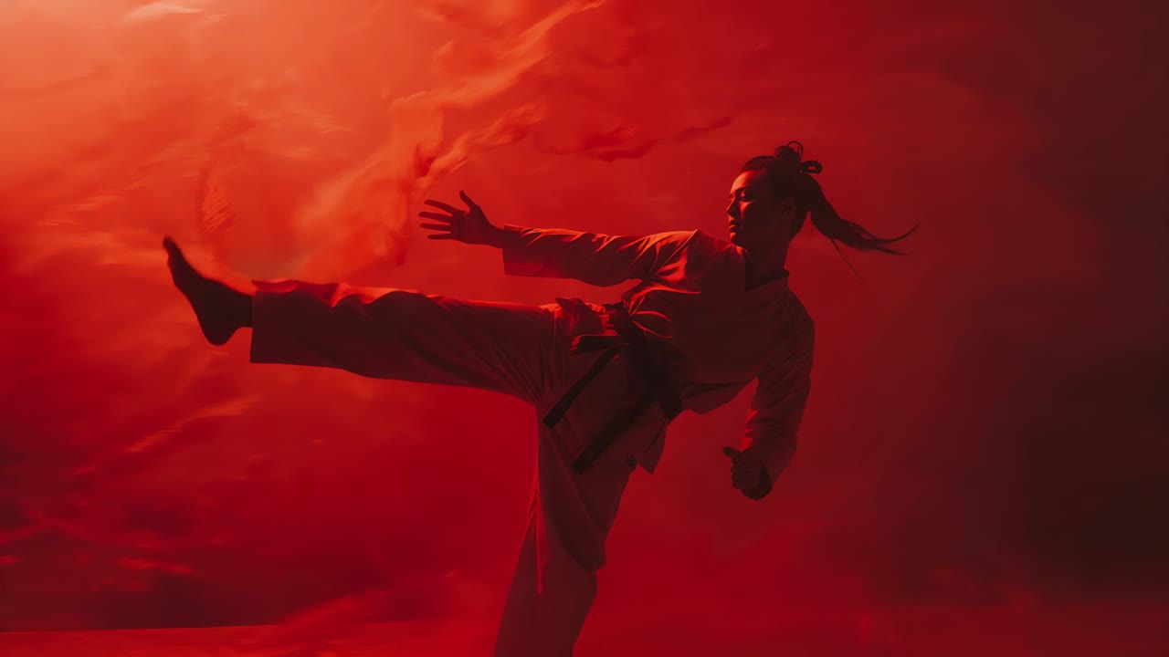 Martial artist practicing form in red-lit studio, wearing black-belted gi and performing side kick