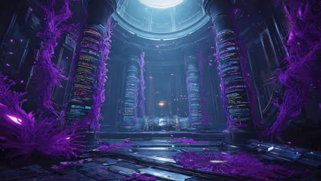 mysterious futuristic hall with glowing purple digital overgrowth