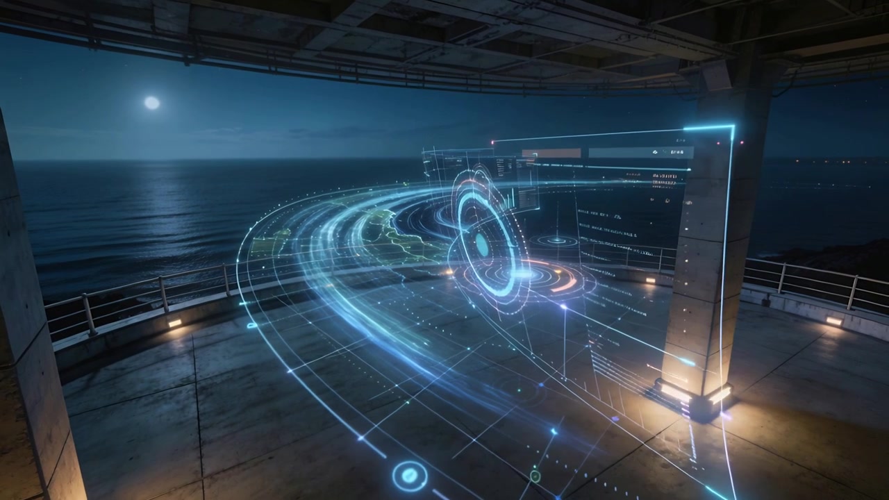 Aktiverer gulvrutenett, projektor som utfolder holografisk HUD på dekk om natten, pulserende kjernestripe