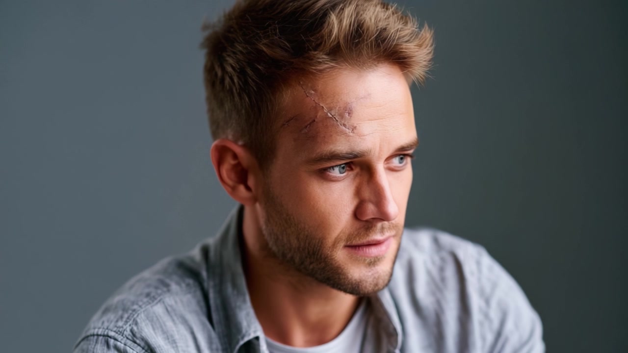 Ein Nahaufnahme-Porträt eines jungen Mannes mit einer Narbe, das Selbstvertrauen und Stärke ausstrahlt, vor einem dezenten Hintergrund, der seine markanten Züge hervorhebt.