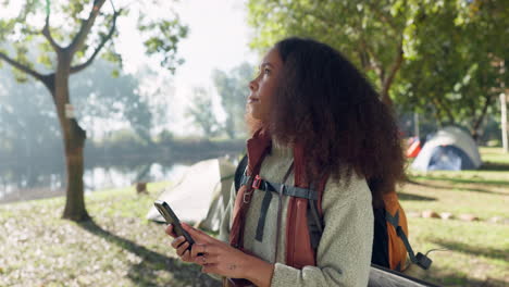 phone, nature and woman camping