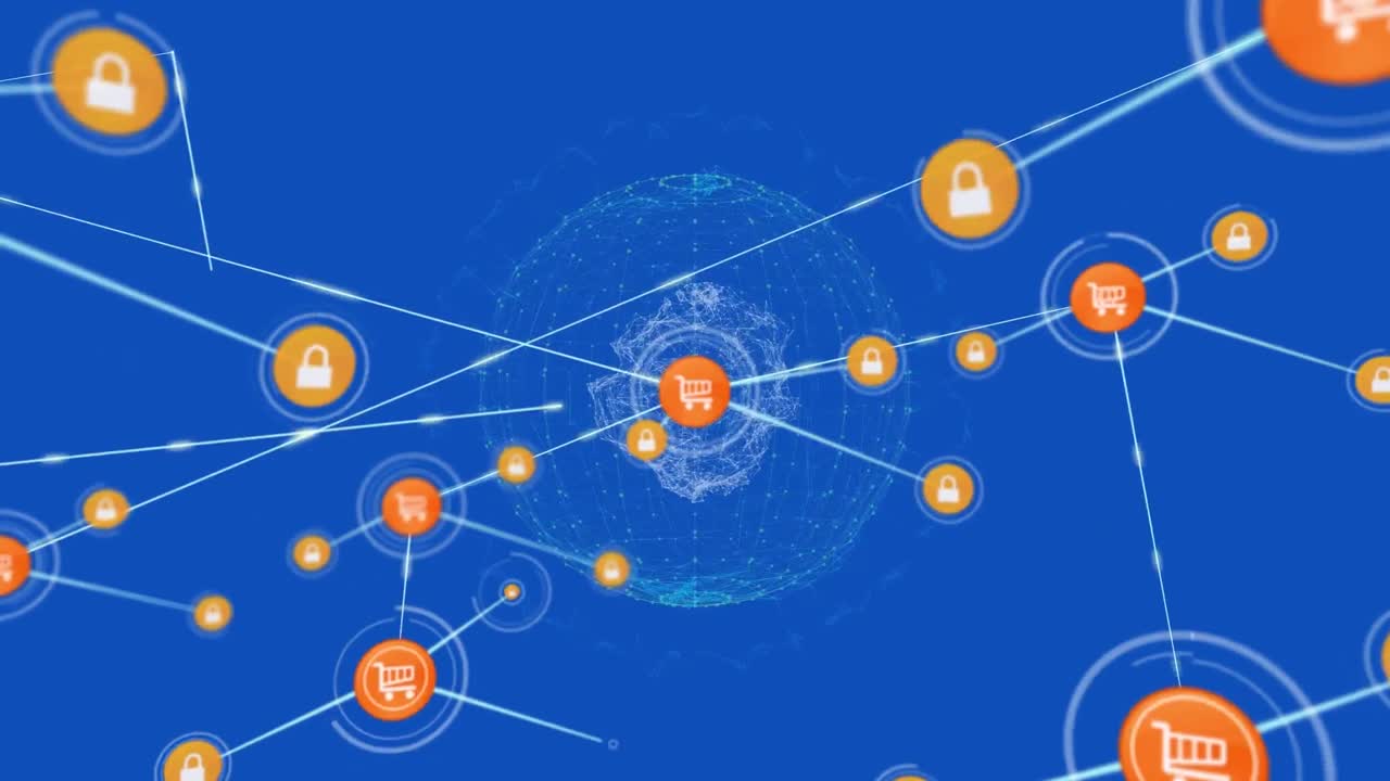 Animation of network of connections with icons over globe