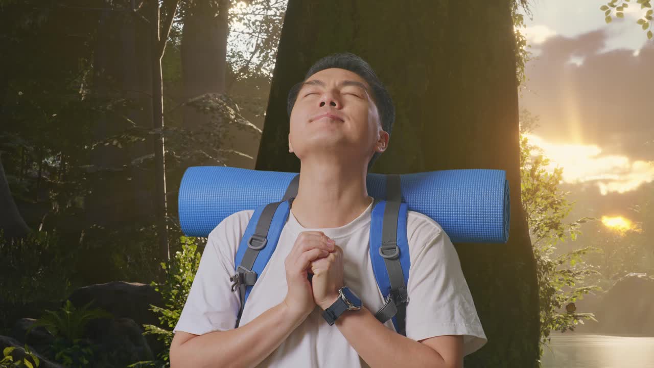 primer plano de un excursionista asiático con una mochila de montañismo orando por algo mientras explora la naturaleza del bosque