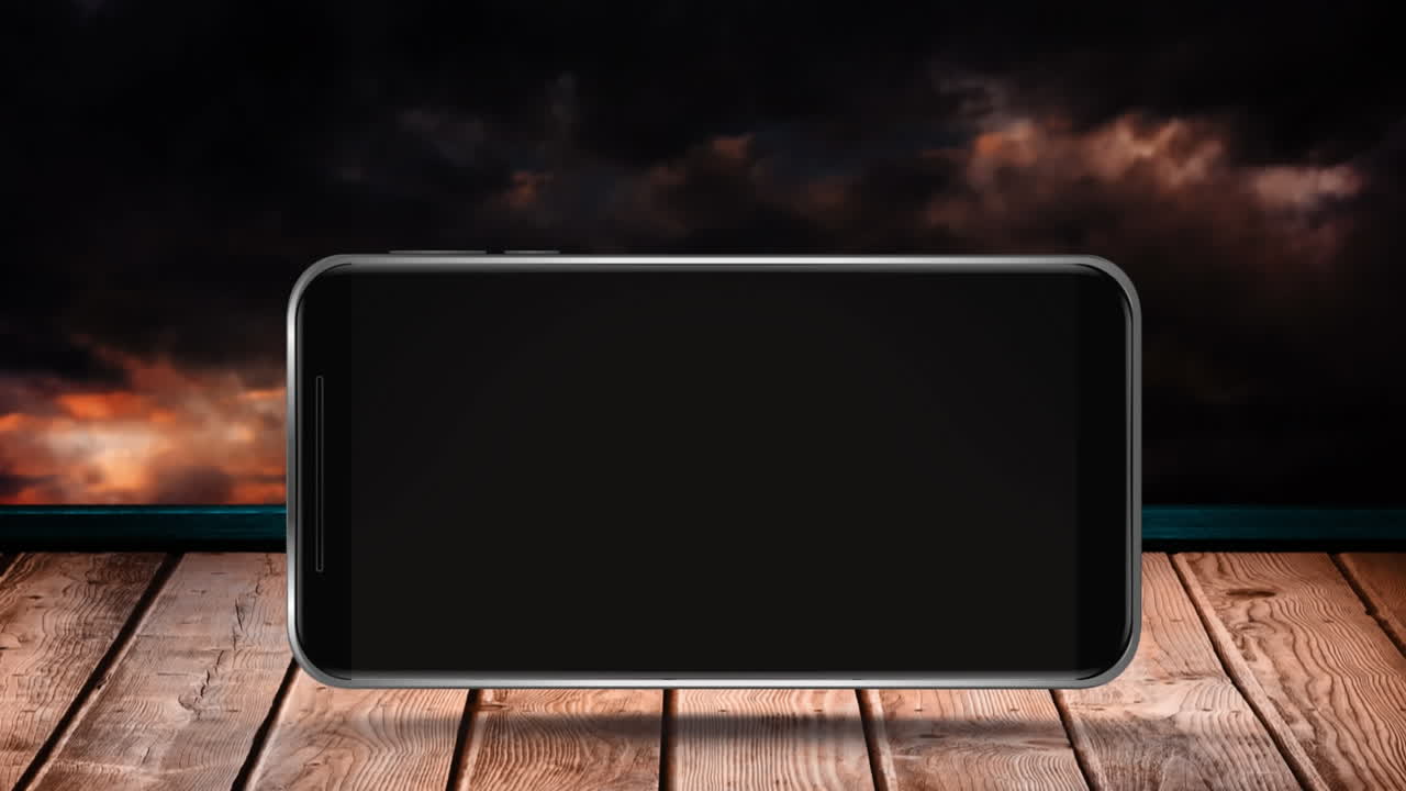 animación de una pantalla de teléfono inteligente en blanco en una superficie de madera con fuegos artificiales explotando en el fondo