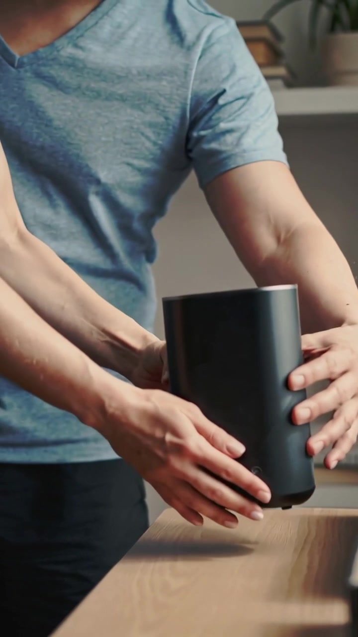 Video verticale: Aprendo una scatola, un uomo in maglietta blu con scollo a V solleva un altoparlante nero a casa, premendo il pulsante di accensione per testarlo.