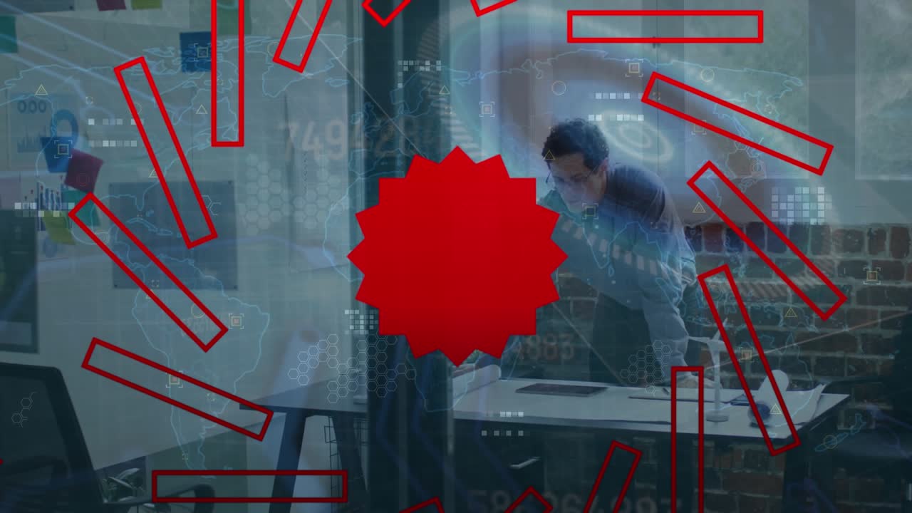 Animation of red shapes and world map with data processing over caucasian businessman using tablet