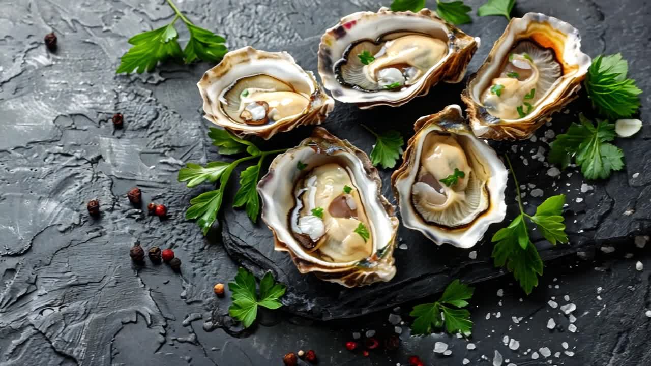 Fresh Oysters with Parsley on Slate Background