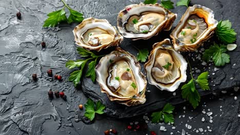 fresh oysters with parsley on slate background