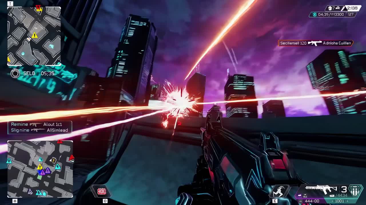 Scena di videogioco futuristica con visuale in prima persona