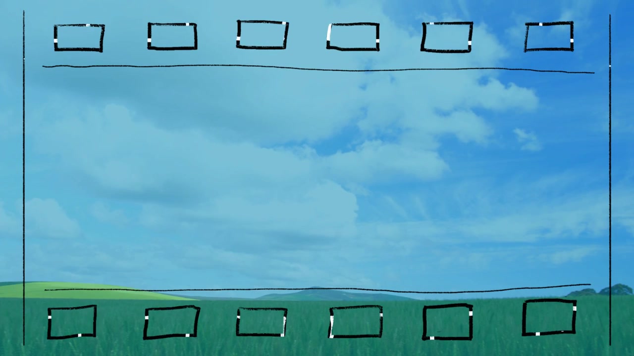 Play starting, pasture shifting right under filmstrip while clouds thinning, showing time passing