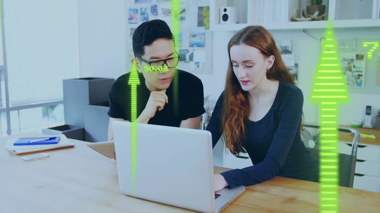 Animation of data processing and arrows over diverse colleagues using laptop