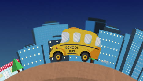 animation of school bus driving in cityscape