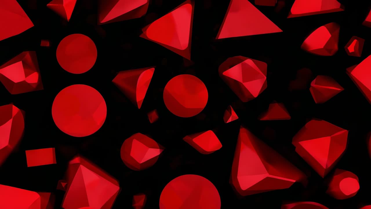 Loop starting, shifting cluster of glossy red discs and pyramids in black void, forming loop