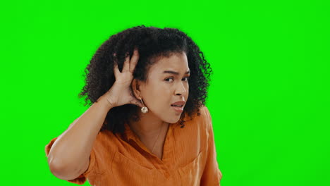 mujer, mano y oído para escuchar por pantalla verde