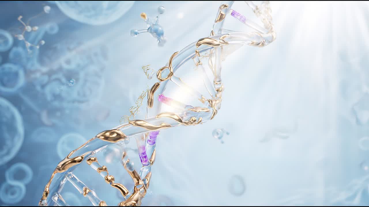 Elica di DNA stilizzata circondata da molecole fluttuanti che illustrano complesse interazioni biochimiche.